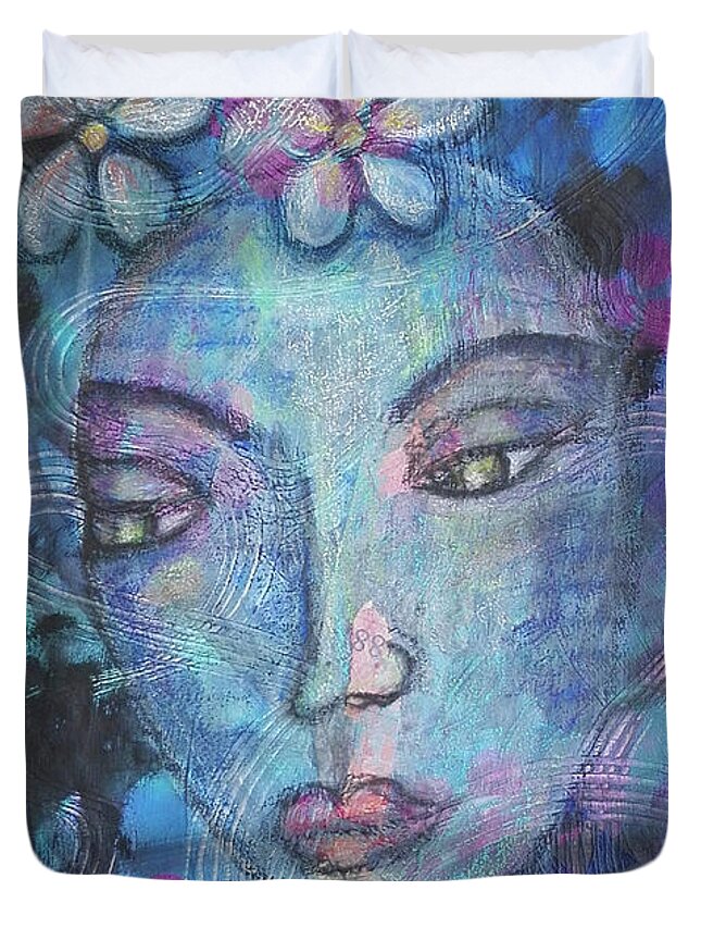 Outsider Art Duvet Cover featuring the mixed media Pensive Moment by Mimulux Patricia No