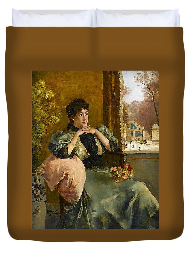 19th Century Art Duvet Cover featuring the painting Pensive Woman Near a Window by Alfred Stevens