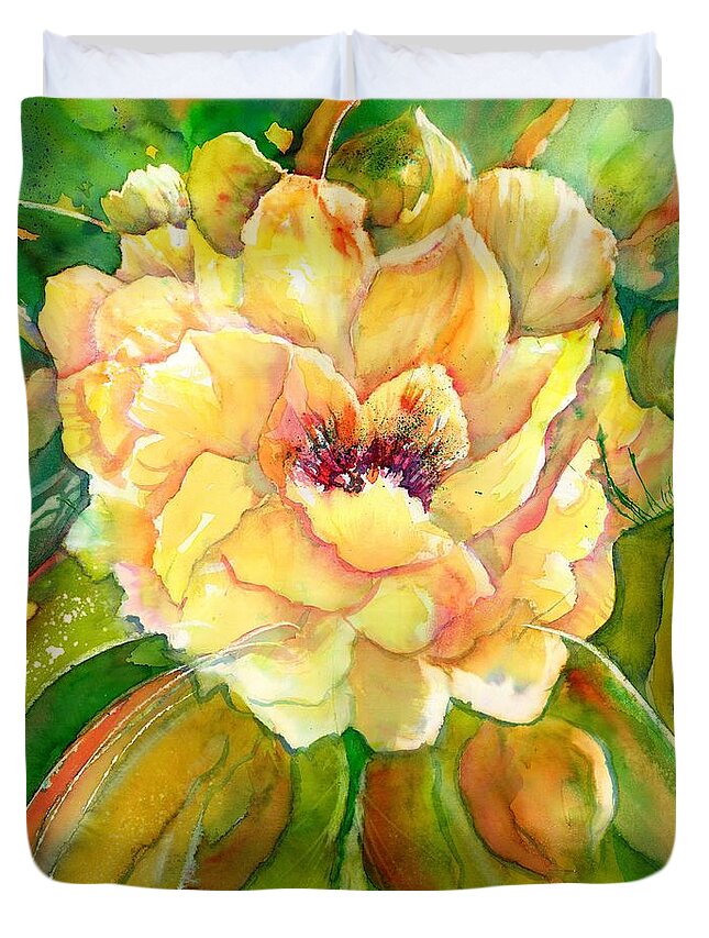 Peony Flower Close-up Duvet Cover featuring the painting Peony Flower close-up by Sabina Von Arx