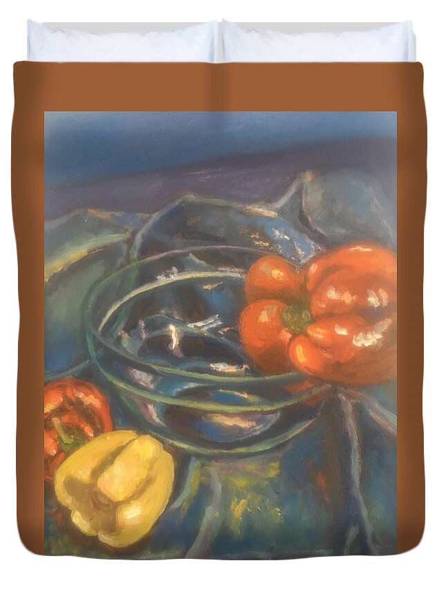 Still Life Duvet Cover featuring the painting Peppers by Beth Riso