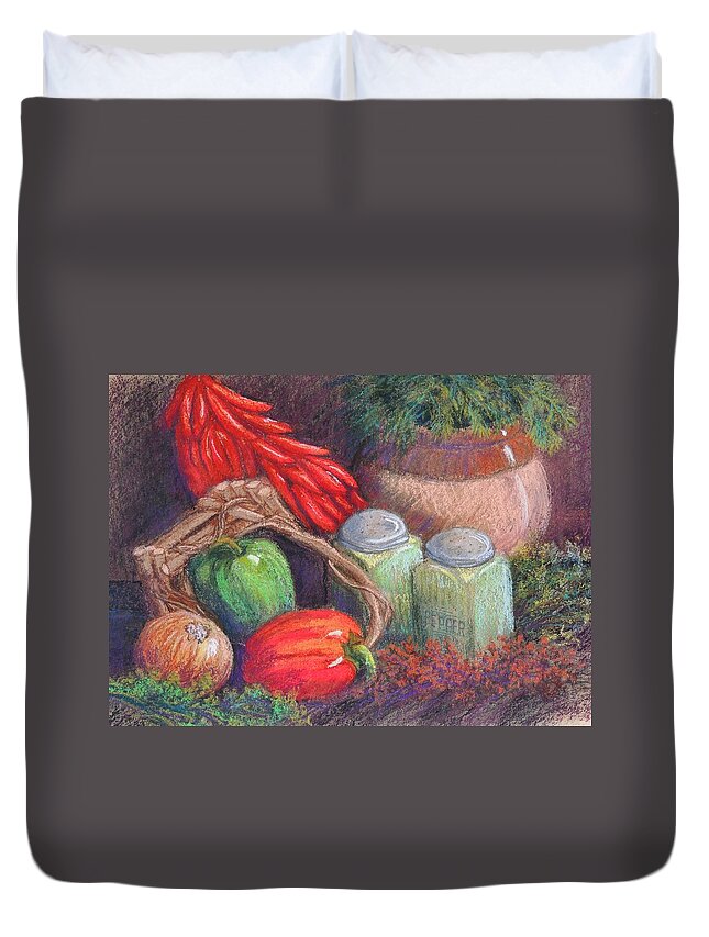 Still Life Duvet Cover featuring the pastel Peppers, Etc. by Candy Mayer