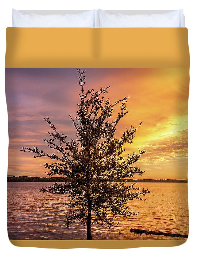 Percy Priest Lake Duvet Cover featuring the photograph Percy Priest Lake Sunset Young Tree by D K Wall