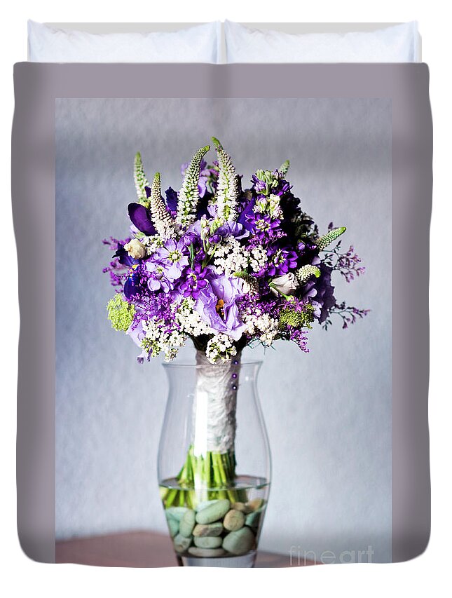 Arrangement Duvet Cover featuring the photograph Perfect bridal bouquet for colorful wedding day with natural flowers. by Joaquin Corbalan