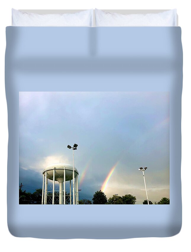 Rainbow Duvet Cover featuring the photograph Perry Hall Double Rainbow by Chris Montcalmo