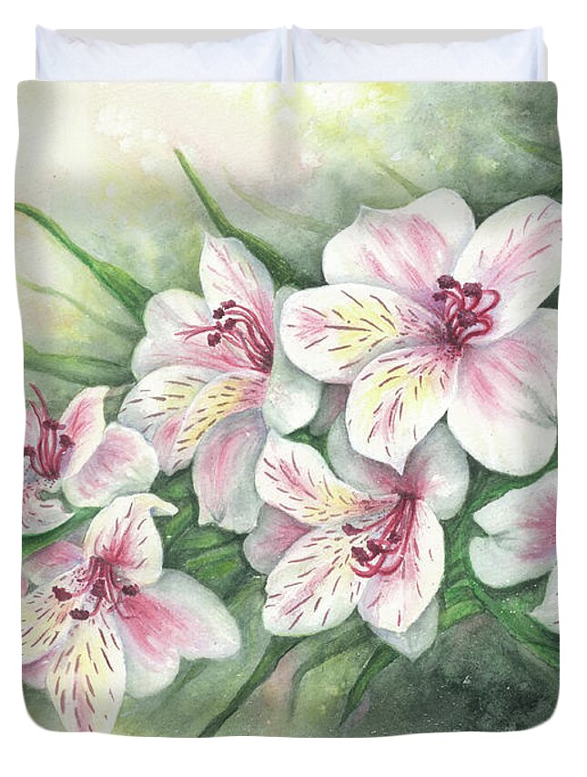 Floral Duvet Cover featuring the painting Peruvian Lilies by Lori Taylor