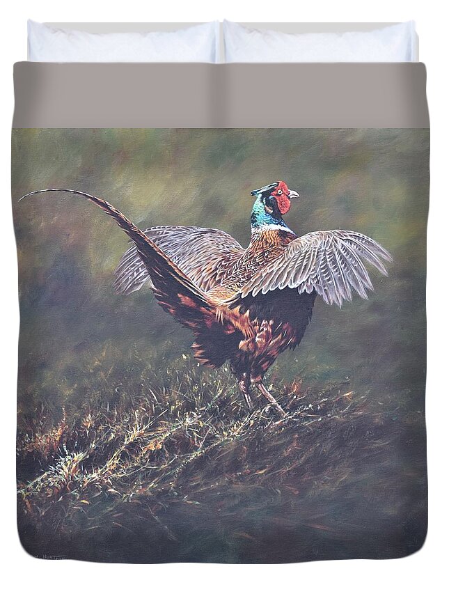 Wildlife Paintings Duvet Cover featuring the painting Pheasant Displaying by Alan M Hunt