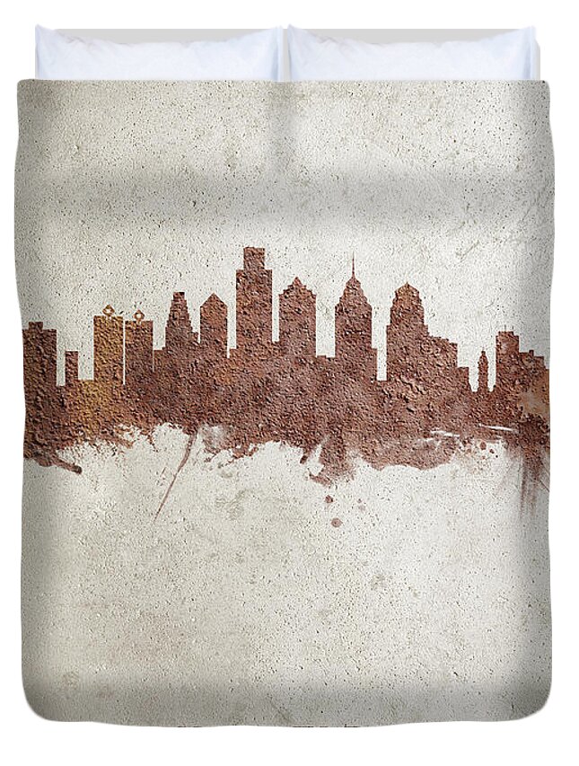 Philadelphia Duvet Cover featuring the digital art Philadelphia Pennsylvania Rust Skyline by Michael Tompsett