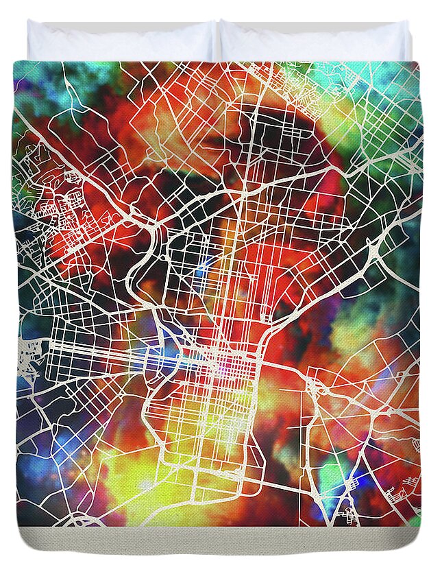 Philadelphia Duvet Cover featuring the mixed media Philadelphia Pennsylvania Watercolor City Street Map by Design Turnpike