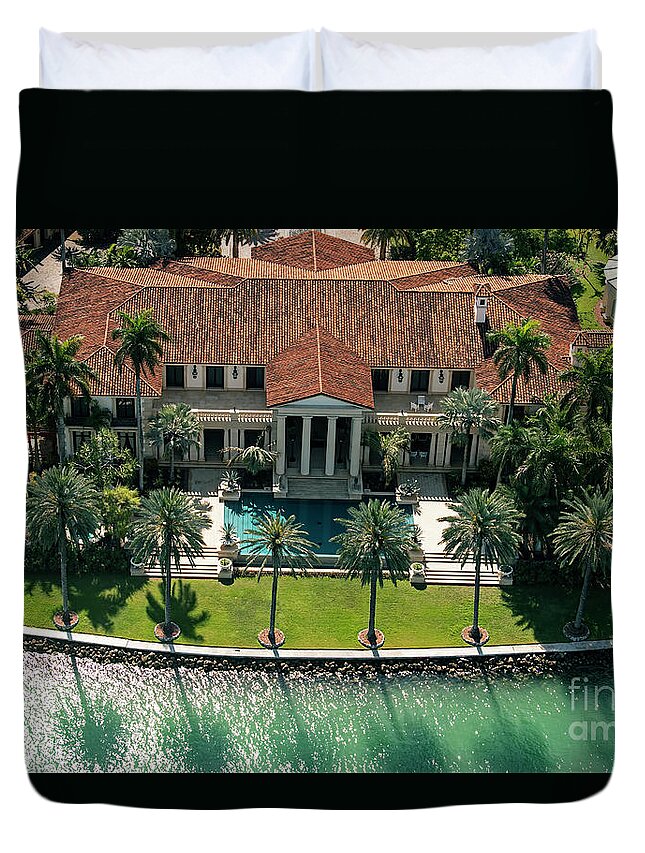21 Star Island Duvet Cover featuring the photograph Phillip Frost's House at 21 Star Island Dr Miami Beach Aerial by David Oppenheimer