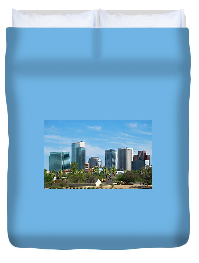 Downtown District Duvet Cover featuring the photograph Phoenix Downtown Skyline And Palm Trees by Davel5957