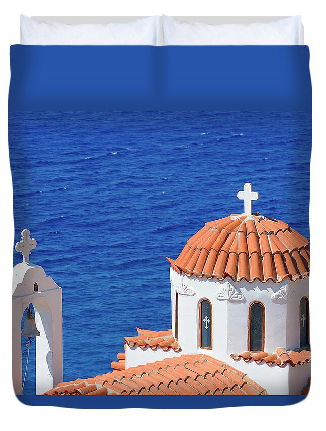 Greece Duvet Cover featuring the photograph Pigadia Greek Orthodox Church On by Ekspansio