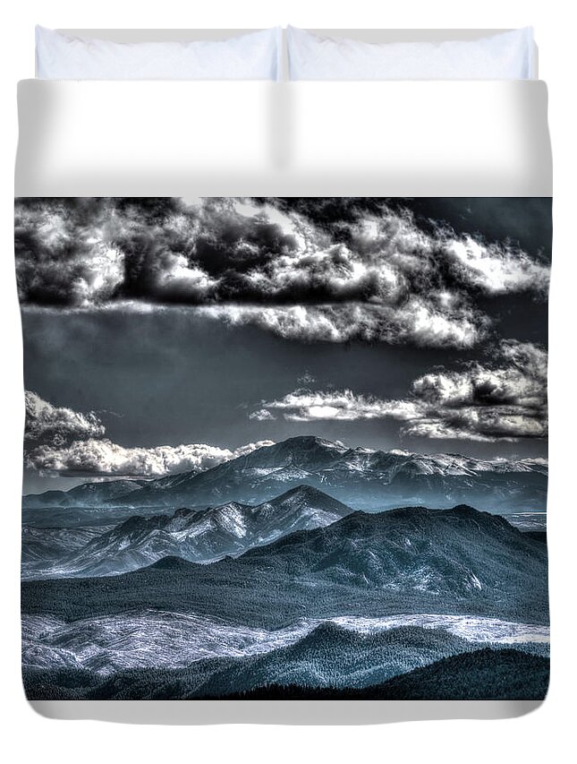 Rocky Mountains Duvet Cover featuring the photograph Pikes Peak and Clouds by Matt Swinden