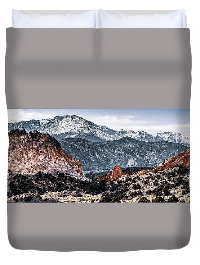America Duvet Cover featuring the photograph Pikes Peak Mountain Landscape Panorama - Colorado Springs by Gregory Ballos