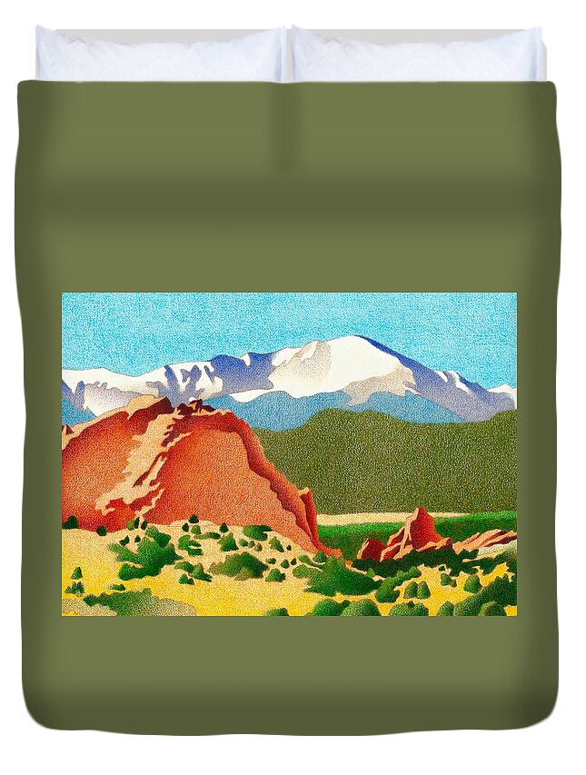 Landscape Duvet Cover featuring the drawing Pikes Peak Winter by Dan Miller