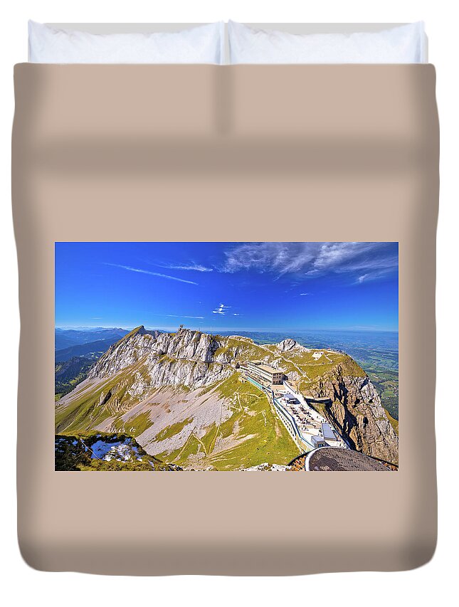 Lake Duvet Cover featuring the photograph Pilatus Kulm mountain peak and surrounding alpine peaks view by Brch Photography