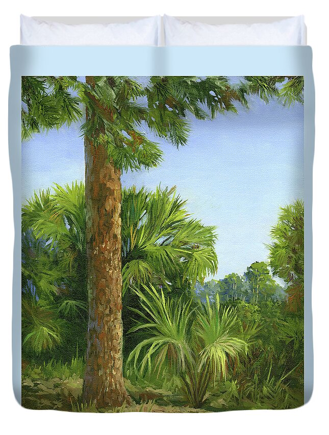 Landscape Duvet Cover featuring the painting Pine and Palms by Donna Tucker