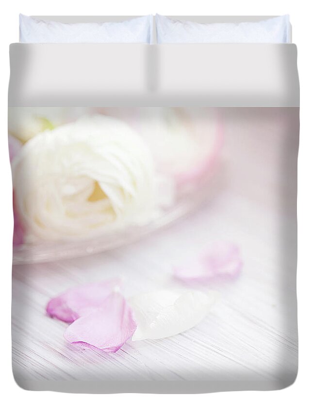Petal Duvet Cover featuring the photograph Pink And White Ranunculus Flowers by Isabelle Lafrance Photography