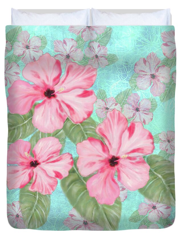Pink Duvet Cover featuring the digital art Pink Hibiscus Print on Aqua by Sand And Chi