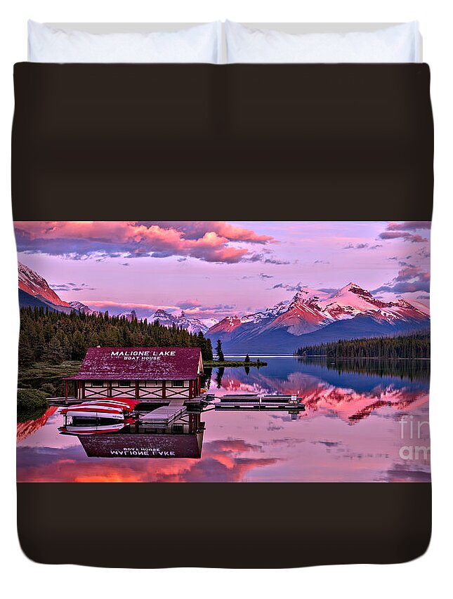 Maligne Lake Duvet Cover featuring the photograph Pink Maligne Lake Sunset Panorama by Adam Jewell