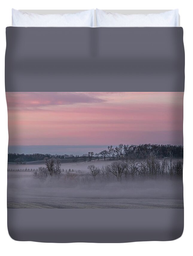 Landscape Duvet Cover featuring the photograph Pink Misty Morning #3 - Misty Field by Patti Deters