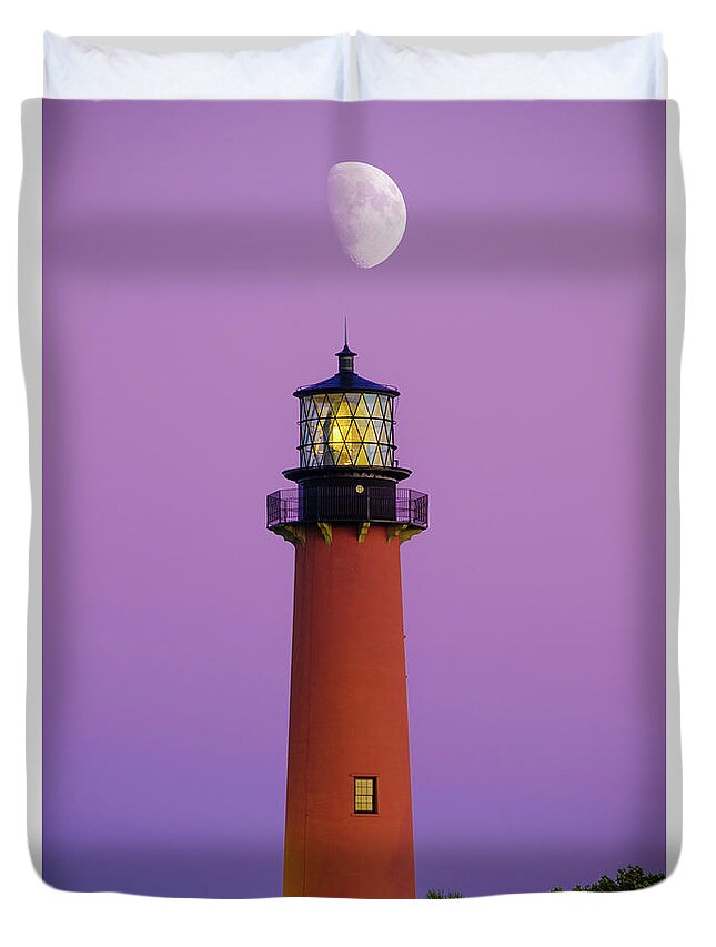 Jupiter Lighthouse Duvet Cover featuring the photograph Pink Moon at Jupiter Lighthouse Captain Kimo Style by Kim Seng