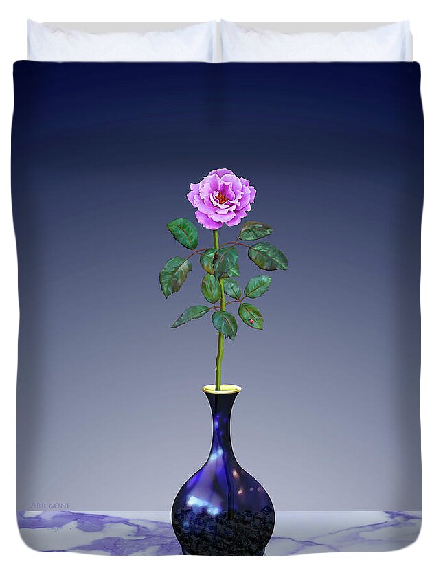 Dark Blue Vase Duvet Cover featuring the painting Pink Perpetual Rose in Vase by David Arrigoni