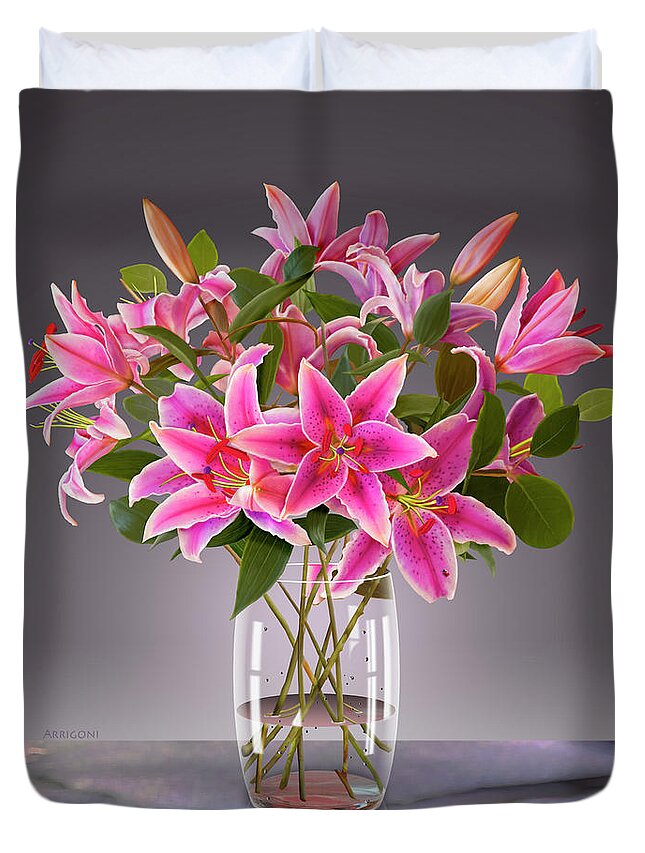 Pink Stargazer Lilies Duvet Cover featuring the painting Pink Stargazer Lilies in Vase by David Arrigoni