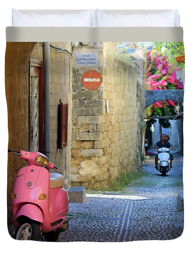 Vespa Duvet Cover featuring the photograph Pink Vespa by Jonathan Thompson