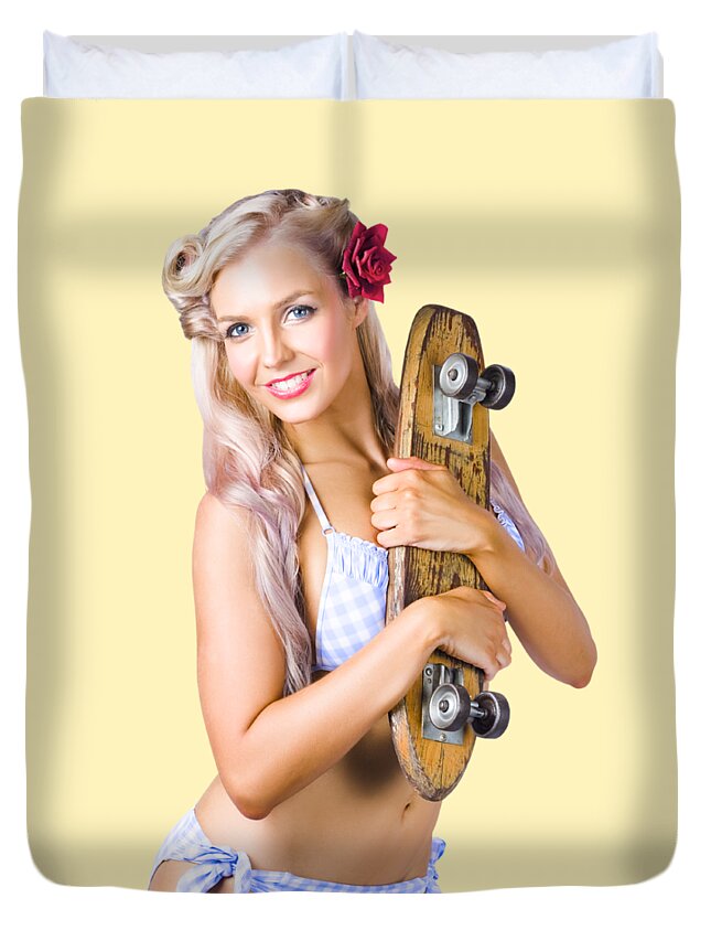 Skate Duvet Cover featuring the photograph Pinup woman in bikini holding skateboard by Jorgo Photography