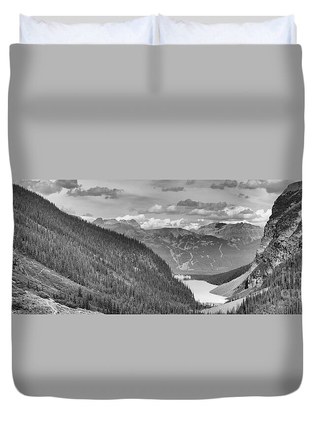 Lake Louise Duvet Cover featuring the photograph Plain Of Six Glaciers Panorama 2019 Black And White by Adam Jewell