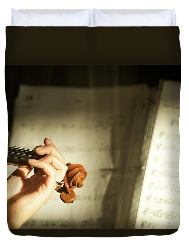 Sheet Music Duvet Cover featuring the photograph Play The Violin by Aaron Mccoy