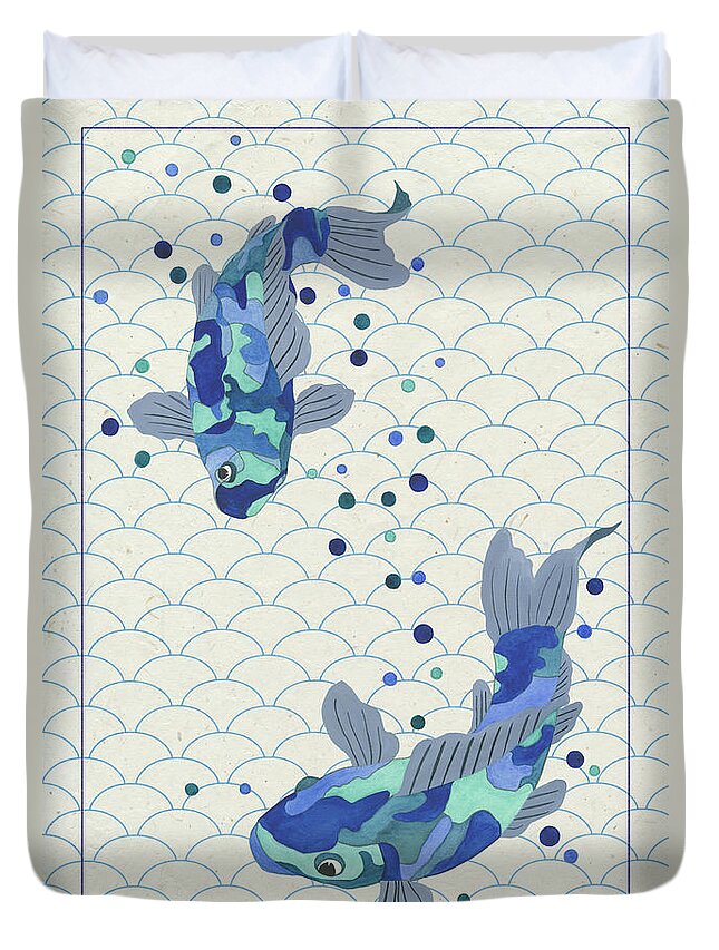 Blue Duvet Cover featuring the painting Playful Koi II by Rebecca Bruce Bryant