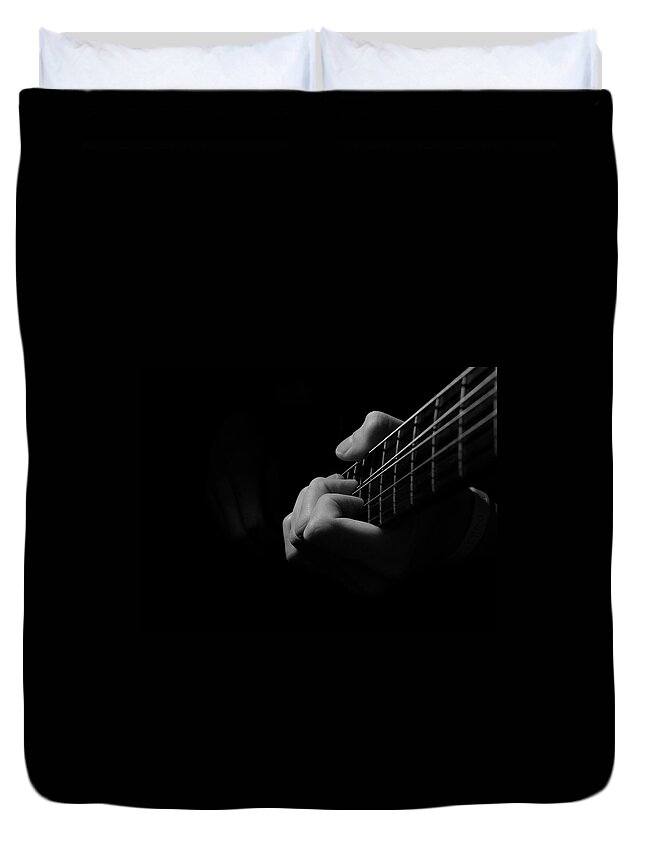 Expertise Duvet Cover featuring the photograph Playing Guitar by Hugo Chisholm
