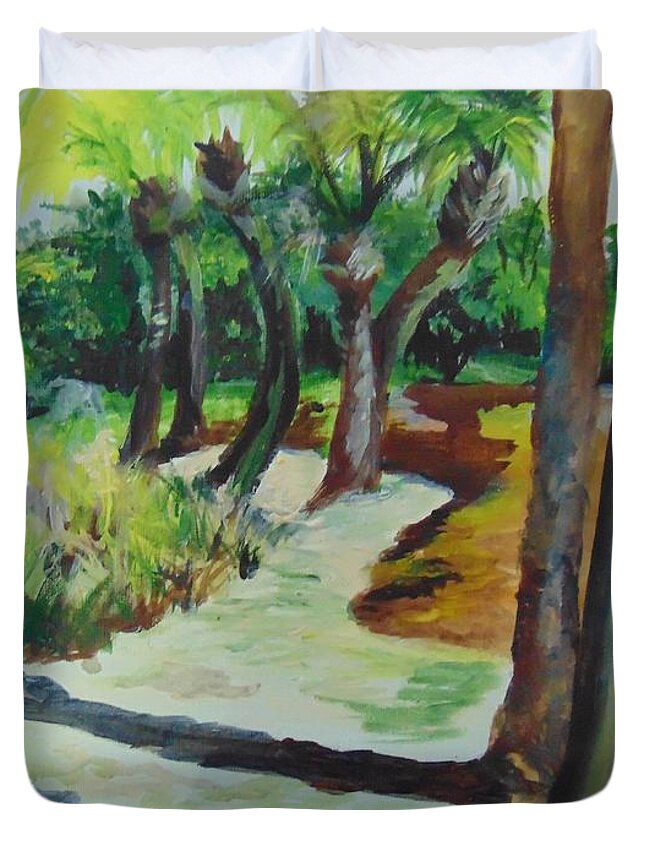 Palms Duvet Cover featuring the painting Plen Aire Palms by Saundra Johnson