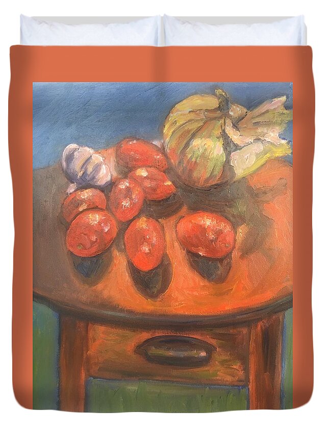 Tomatoes Duvet Cover featuring the painting Plum tomatoes by Beth Riso