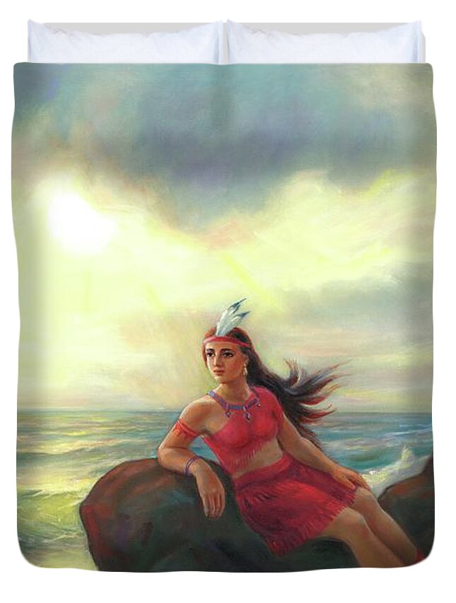 Romantic Duvet Cover featuring the painting Pocahontas And The Ocean Of Love by Svitozar Nenyuk