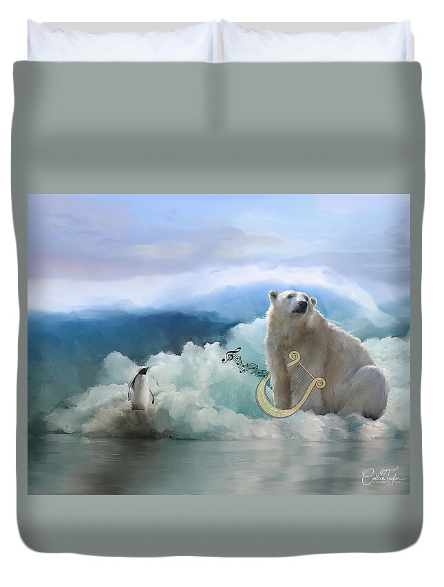 Polar Bears Duvet Cover featuring the mixed media Polar Bears Play the Lyre by Colleen Taylor