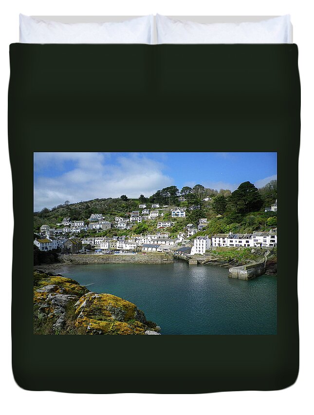 Polperro Duvet Cover featuring the photograph Polperro Harbour Cornwall by Richard Brookes