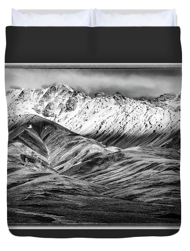 Polychrome Mountain Duvet Cover featuring the photograph Polychrome mountain, Denali National Park, Alaska, BW by Lyl Dil Creations