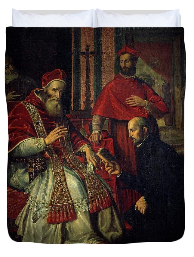 Ignatius Of Loyola Duvet Cover featuring the painting Pope Paul III -Alexander Farnese- -1468-1549- receives rule book of Jesuit order from St. Ignatiu... by Album