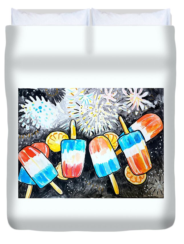 Ice Cream Duvet Cover featuring the painting Popsicles And Fireworks by Tilly Strauss