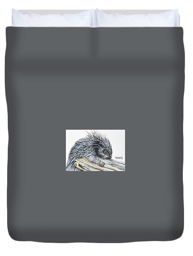 Prickly Duvet Cover featuring the painting Porcupine Baby by Marilyn McNish