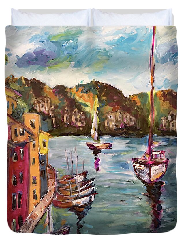 Portofino Duvet Cover featuring the painting Portofino Harbor by Roxy Rich