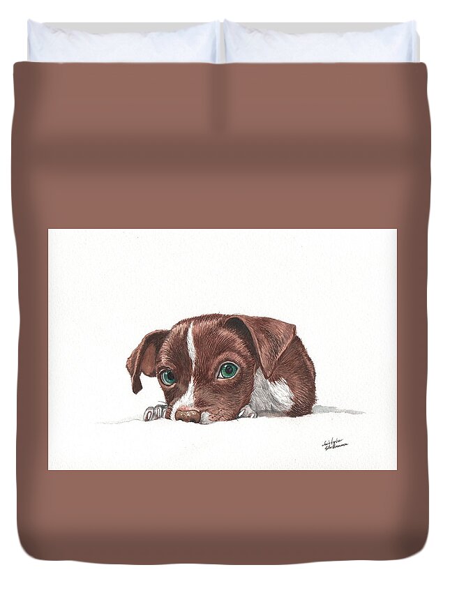 Chocolate Duvet Cover featuring the painting Portrait of a Chihuahua puppy in watercolor by Christopher Shellhammer