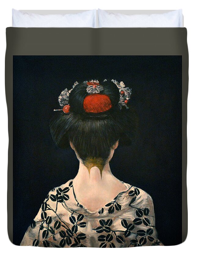 Portrait Of A Japanese Geisha Duvet Cover featuring the painting Portrait of a Japanese Geisha by Escha Van den bogerd