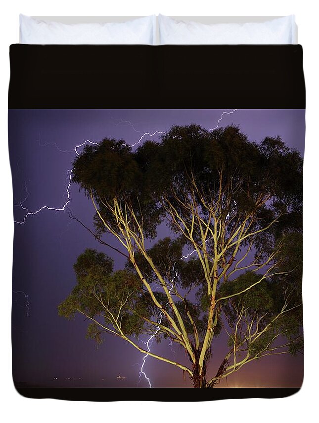 Scenics Duvet Cover featuring the photograph Portrait Of Lightning Striking Around by Neil Overy