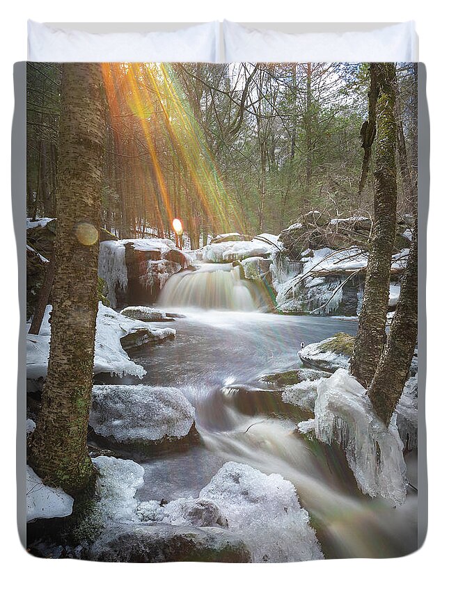 Winter Ice Snow River Stream Brook Water Waterfall Fall Falls Waterfalls Newengland New England U.s.a. Usa Jefferson Holden Ma Mass Massachusetts Brian Hale Brianhalephoto Forest Trees Woods Trout Brook Conservation Reservation Natural Nature Spring Brook Flare Sun Streak Duvet Cover featuring the photograph Portrait of Winter flare by Brian Hale