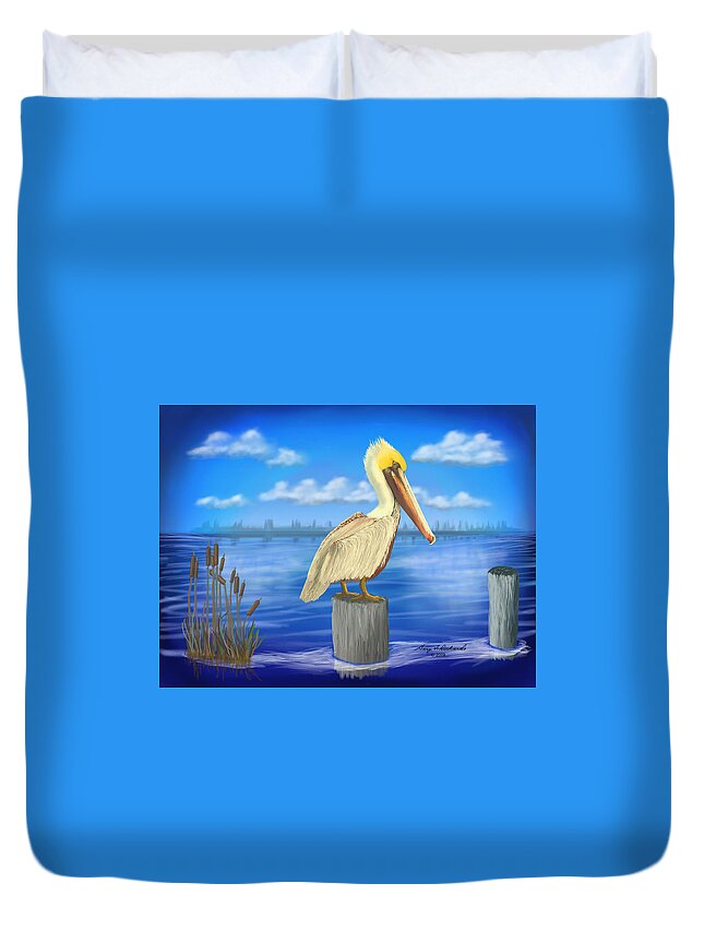 Gary Duvet Cover featuring the digital art Posted Pelican #2 Dark by Gary F Richards
