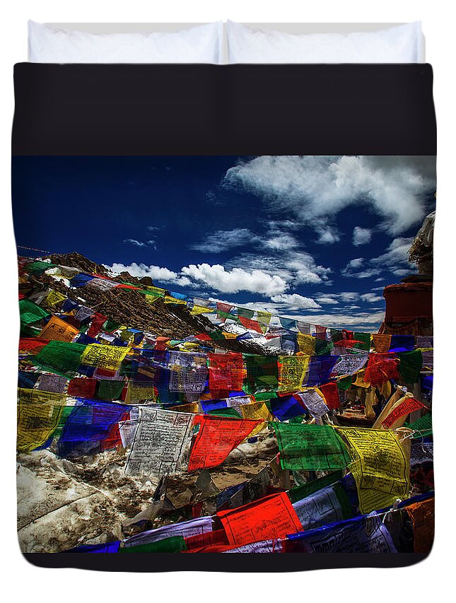 Tranquility Duvet Cover featuring the photograph Prayer Flag At Khardung-la Pass by Athit Perawongmetha