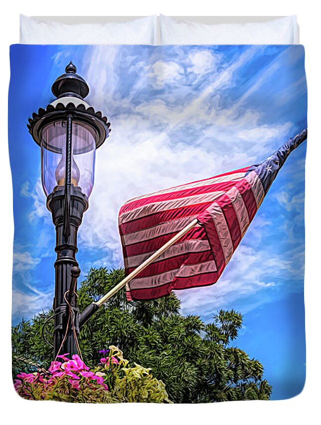 American Duvet Cover featuring the photograph Pretty All American Lamp Post Flowers and Flag by Debra Martz